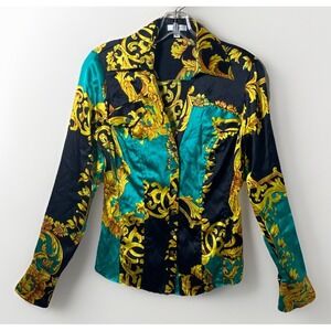 CACHE SILK GOLD BAROQUE  PRINT , BUTTON UP COLLARED SHIRT BLOUSE Women's Size XS